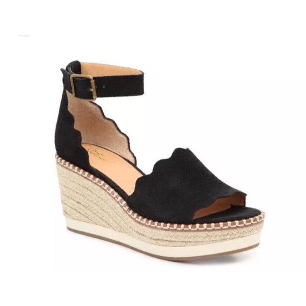 NEW Crown Vintage Daffodil Black Genuine Suede Espadrille Wedge Sandals- Size 6
